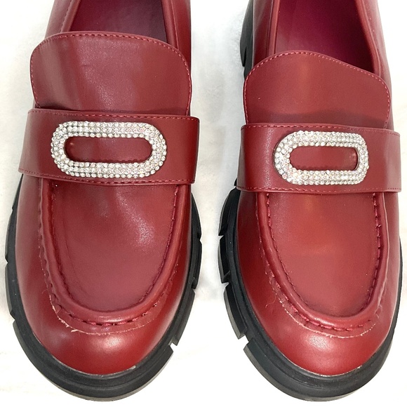 ZBY Chunky Rhinestone Platform Burgundy Loafer Y2K Slip On Lug Sole Dressy Shoes - Picture 4 of 10